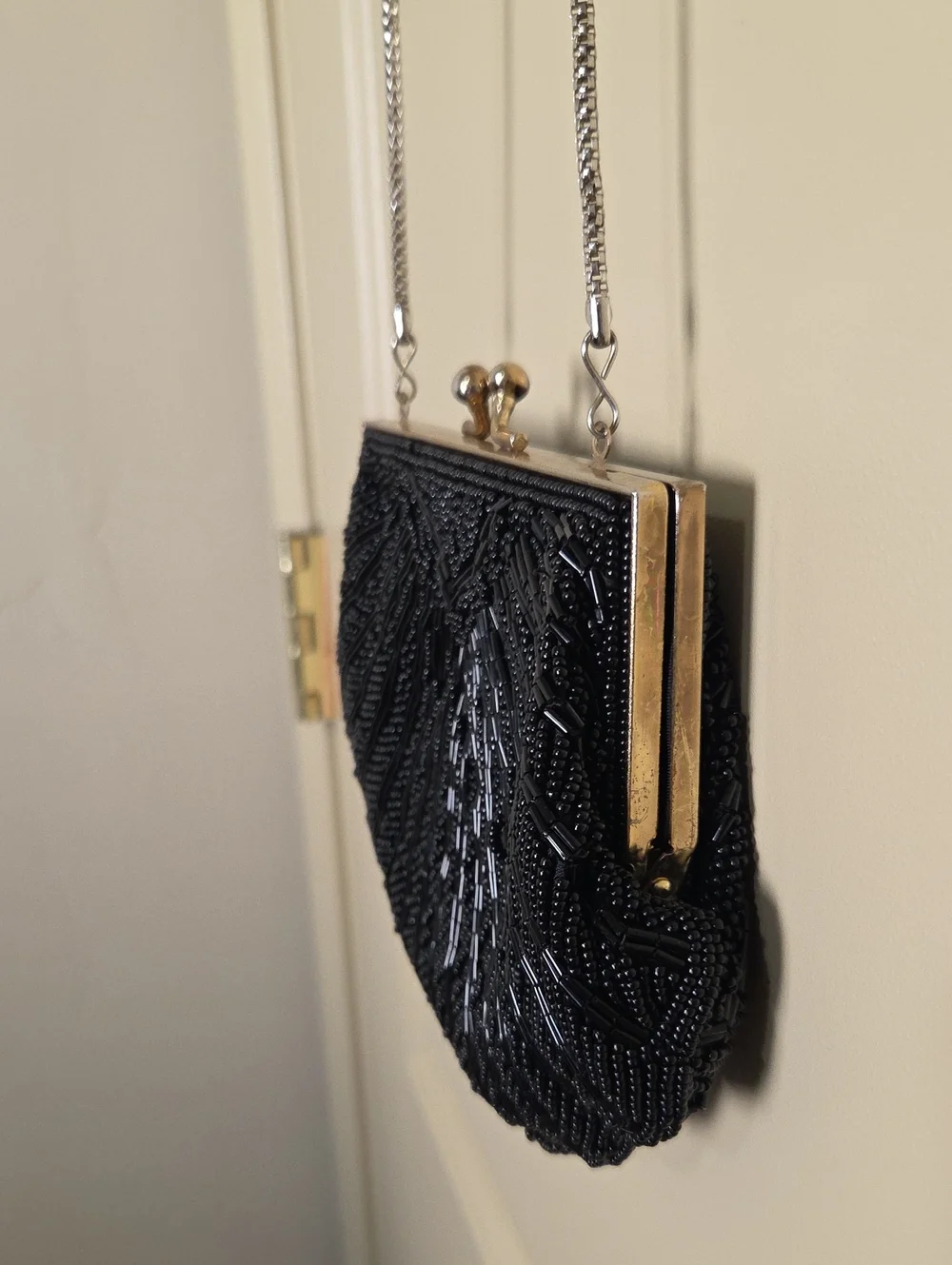 La Regale Vintage 1950's Black Beaded Shell-Style Clutch with Chain